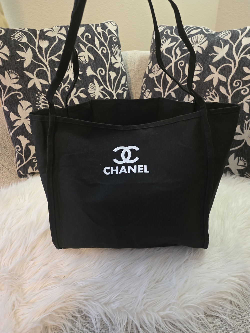 Black Canvas Tote Bag with White Print - Picture 3 of 9
